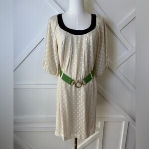 Lauren Moffatt Silk Blend Cream Polka Dot Dress w/ Green Belt Gold Accent Sz  4